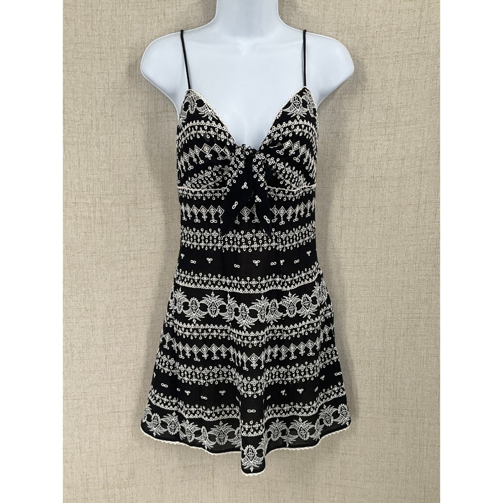Alice + Olivia Dress Womens 2 Black Embroidered Boho Tie Front Mini Coquette